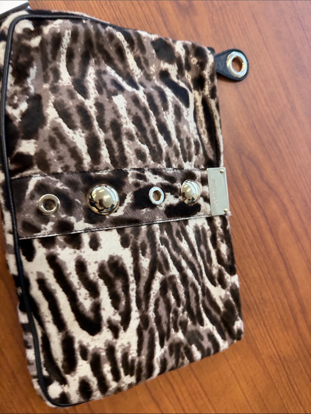Authentic Jimmy Choo Leopard Print Faux Fur Clutch in Brown and Black - Picture 5 of 5